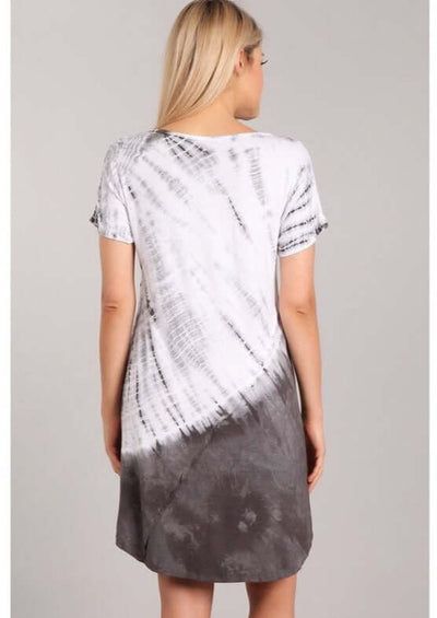 USA Made Ladies Casual Knee Length Tie Dye Dress in Grey Tones | Chatoyant Style# C60570 | Classy Cozy Cool Women's Made in America Boutique