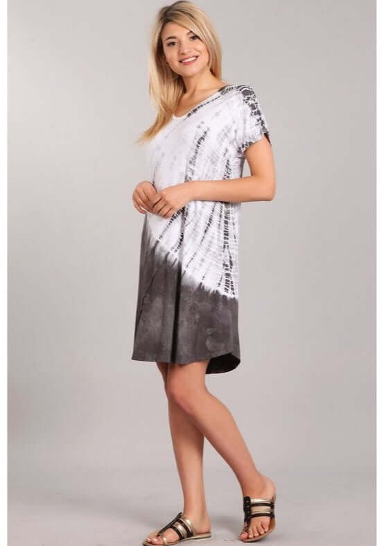 USA Made Ladies Casual Knee Length Tie Dye Dress in Grey Tones | Chatoyant Style# C60570 | Classy Cozy Cool Women's Made in America Boutique