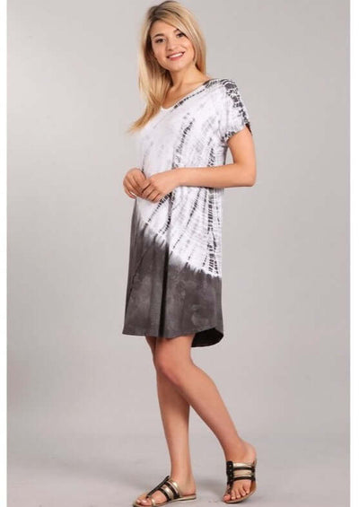 USA Made Ladies Casual Knee Length Tie Dye Dress in Grey Tones | Chatoyant Style# C60570 | Classy Cozy Cool Women's Made in America Boutique
