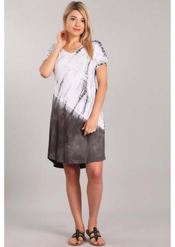 USA Made Ladies Casual Knee Length Tie Dye Dress in Grey Tones | Chatoyant Style# C60570 | Classy Cozy Cool Women's Made in America Boutique