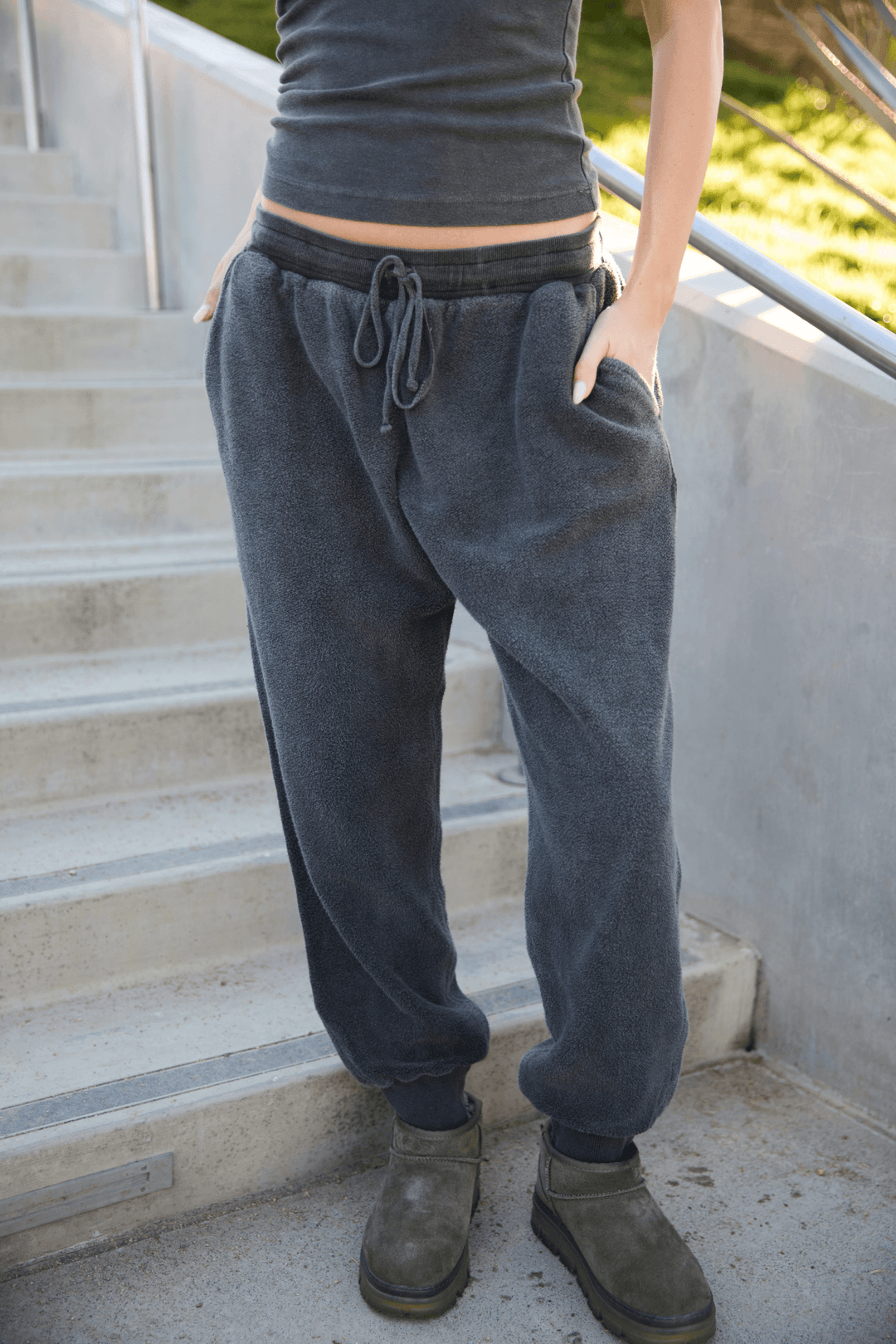 The Onyx Cotton Joggers by People of Leisure — 100% cotton, high-waist fitted jogger in Vintage Black. Made in LA. Sizes S–XL