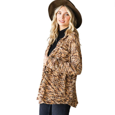 Super Soft Two Tone Teddy Bear Cardigan Sweater Relaxed Fit in tri-color marbled camel | Made in USA | Classy Cozy Cool American Made Clothing Boutique
