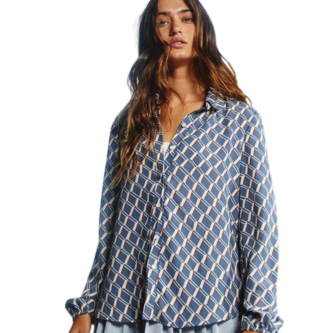 Brand: Bucket List | French Blue, White & Rust Geometric Design Dressy Button Down Blouse | Style # T1540 | Classy Cozy Cool Made in America Boutique