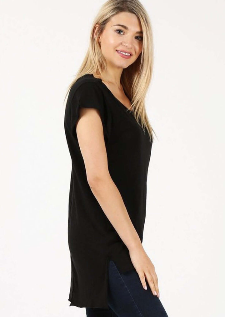 Women's High Low Super Soft Fitted Tunic Tee with Raw Edge Detail in Black | Made in USA | Classy Cozy Cool Women's Made in America Boutique
