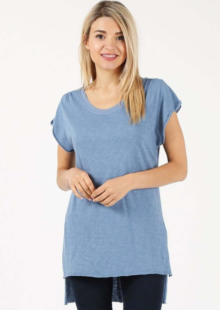 Women's High Low Super Soft Fitted Tunic Tee with Raw Edge Detail in Blue | Made in USA | Classy Cozy Cool Women's Made in America Boutqiue