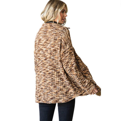 Super Soft Two Tone Teddy Bear Cardigan Sweater Relaxed Fit in tri-color marbled camel | Made in USA | Classy Cozy Cool American Made Clothing Boutique