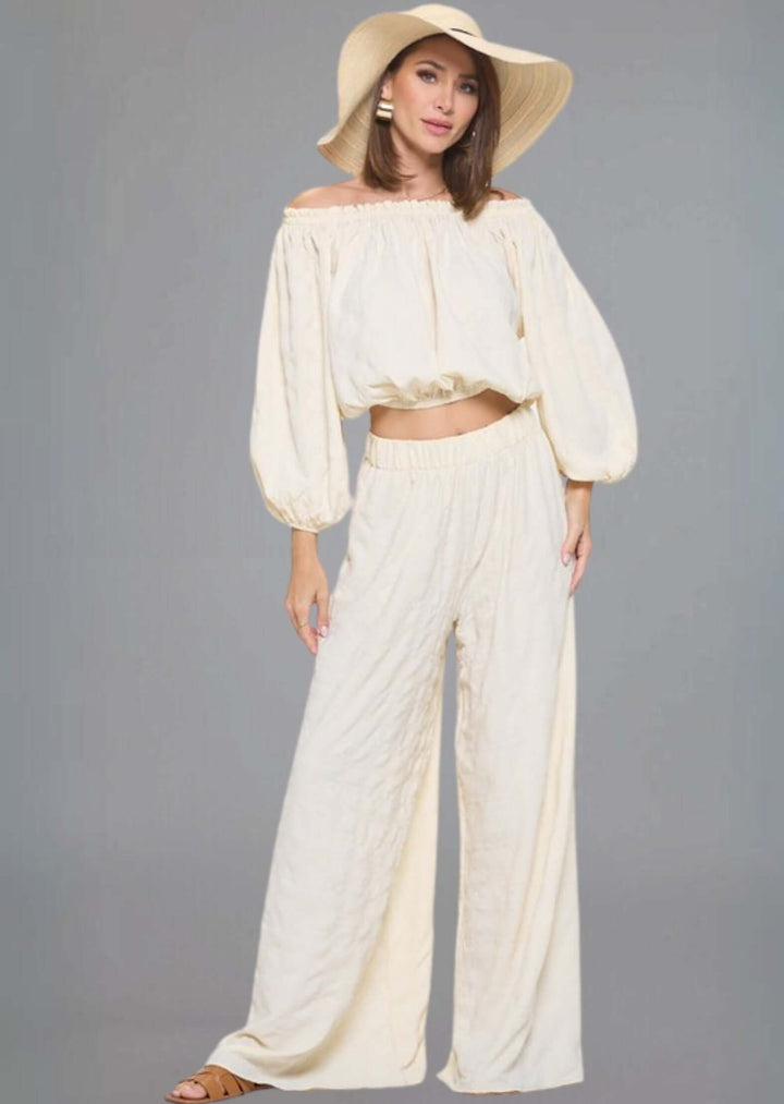Made in USA Women's Textured Cream Bubble Sleeve Top and Wide Leg Palazzo Pants with Elastic Waist | Renee C Style 4788TP and 4789PT | Classy Cozy Cool Made in America Boutique