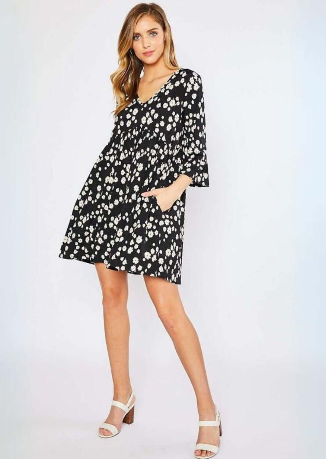 Women's Jersey Stretch Black Daisy Print V-Neck Baby Doll Cut Mini Dress | Made in USA | Classy Cozy Cool Women's Made in America Boutique