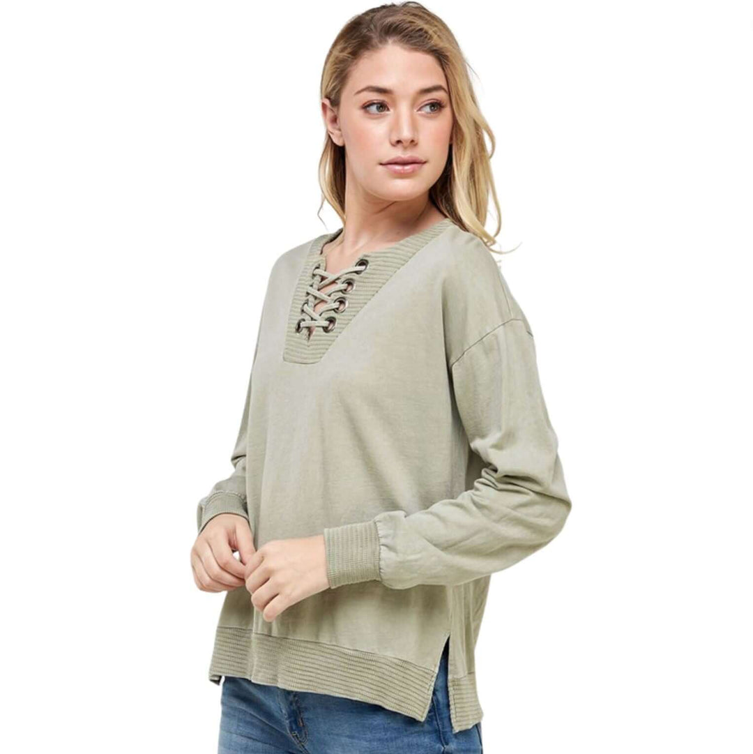 Light Sage Lace Up Cotton Grommet Detail Sweatshirt | Made in USA | Comfortable Well Made Cotton | Classy Cozy Cool American Women's Clothing Boutique