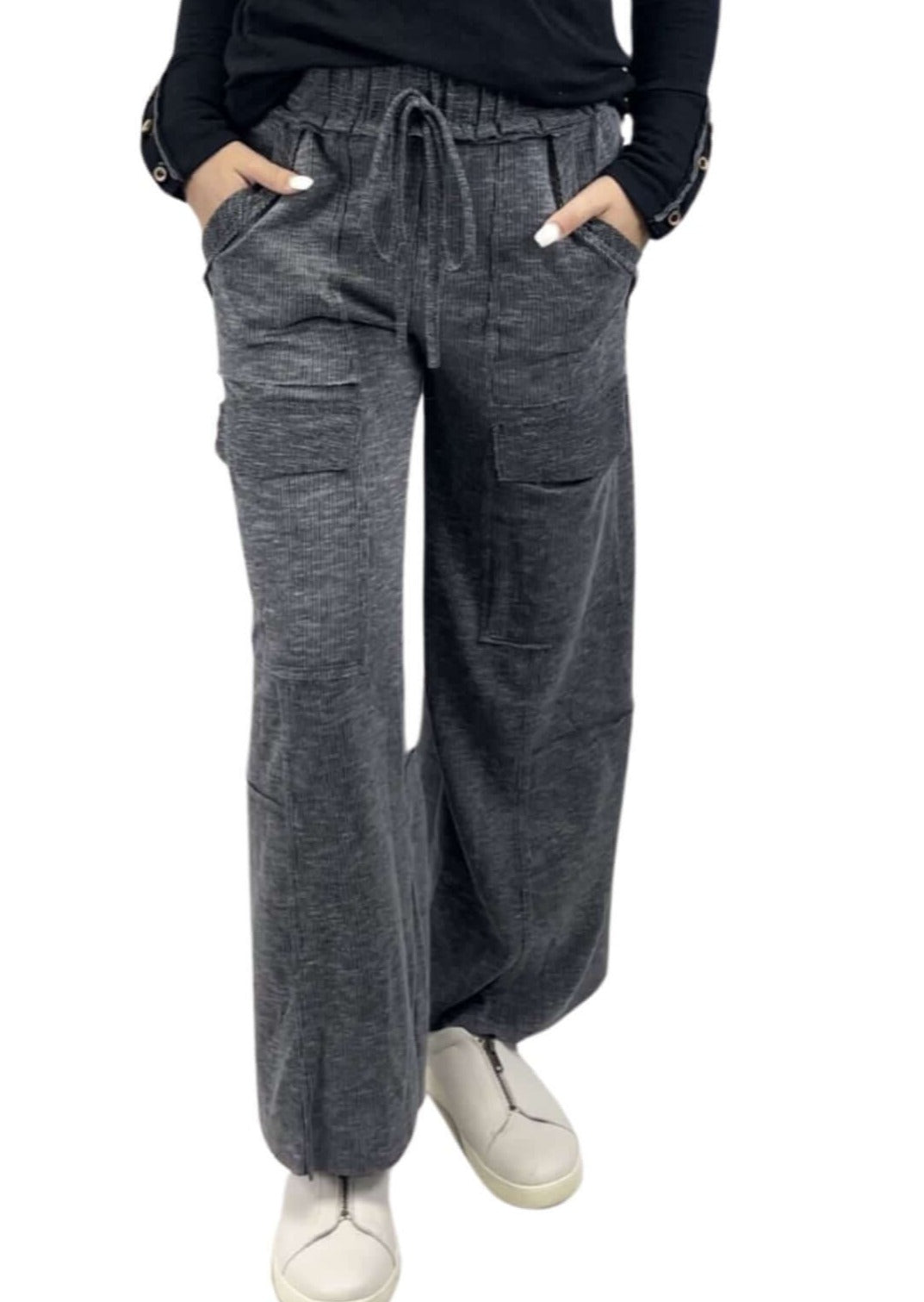 USA Made Ladies Vintage Look Wide Leg Cropped Ribbed Casual Pants With 6 Pockets in Charcoal Grey | Classy Cozy Cool Women's Made in America Clothing Boutique