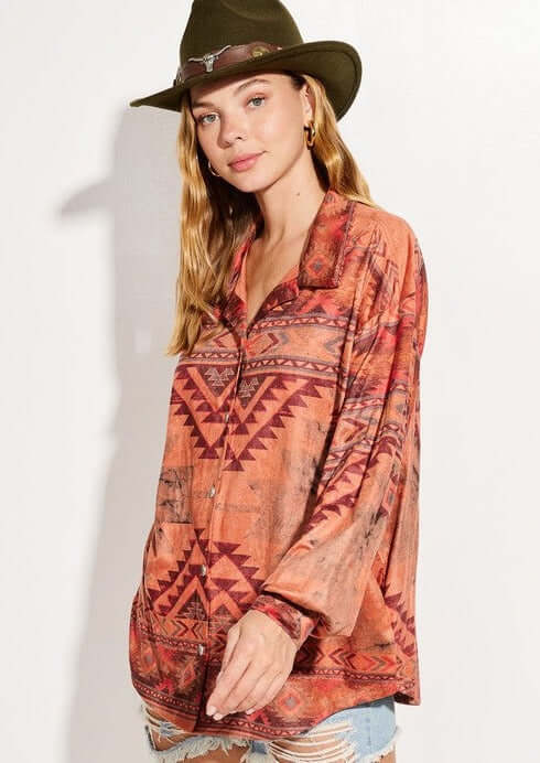 Women's Aztec Design Lightweight Suede Shirt Jacket in Rust Color  | Made in USA | Classy Cozy Cool Made in America Women's Clothing Boutique