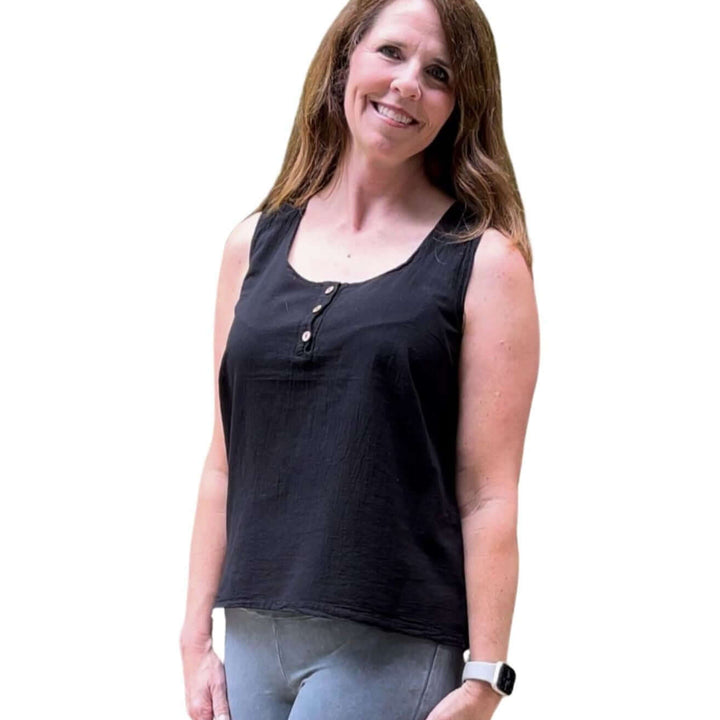 USA Made 100% Cotton Button Detail Sleeveless Top in Black Made by Sea Breeze of California | Classy Cozy Cool Made in America Women's Clothing Boutique