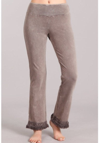 USA Made Ladies Mineral Washed Cropped Straight Leg Pants with Crochet Fringed Hem in Taupe | Chatoyant Style P30374 | Classy Cozy Cool Women's Made in America Clothing Boutique 