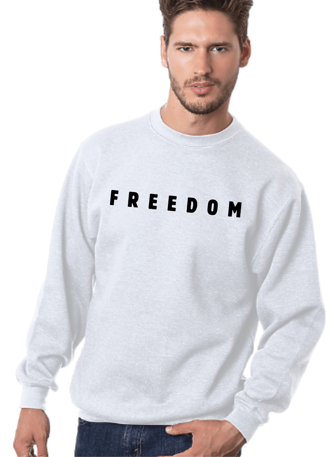Made in USA with 100% USA Harvested and Milled Cotton, This Men's Long Sleeve FREEDOM Graphic Fleece Sweatshirt will have you feeling patriotic, Gray or White