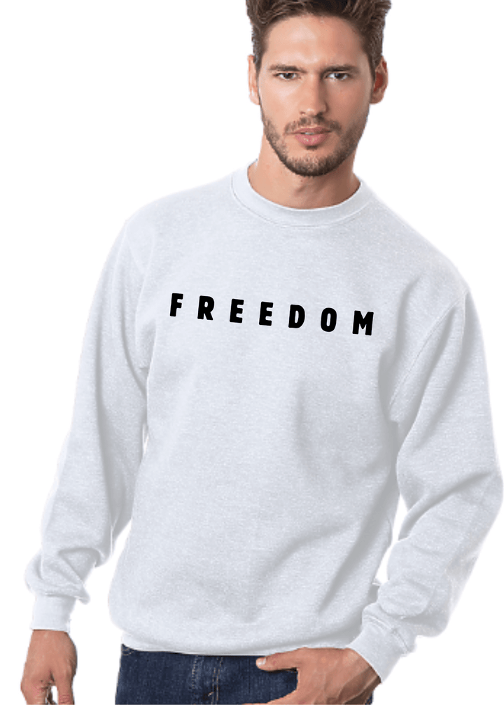 Made in USA with 100% USA Harvested and Milled Cotton, This Men's Long Sleeve FREEDOM Graphic Fleece Sweatshirt will have you feeling patriotic, Gray or White