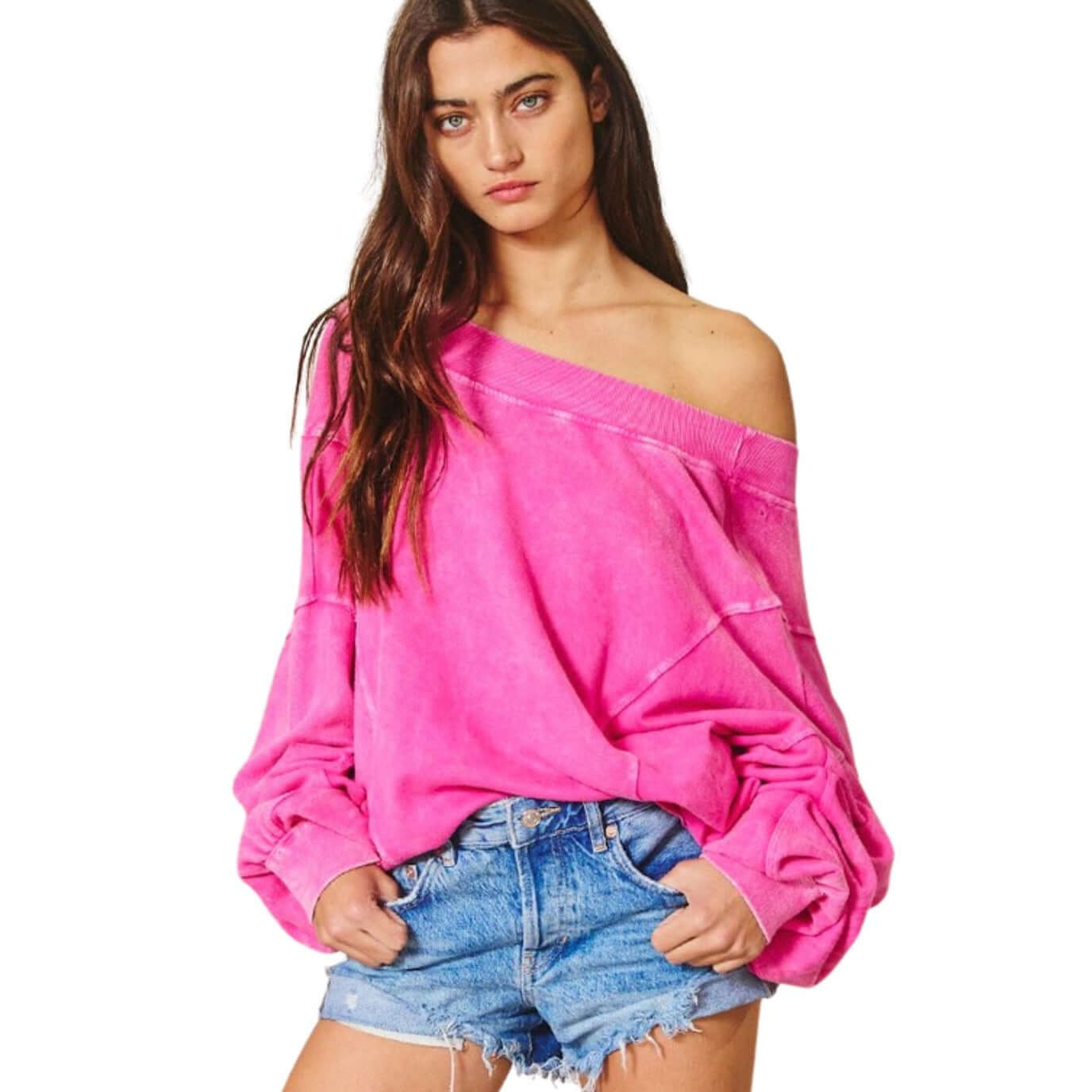 Brand: Bucket List Style# IT1365 | Oversized Ladies Fuchsia Reversible Twist Sweatshirt with Pockets | Made in USA | Classy Cozy Cool Women's American Boutique