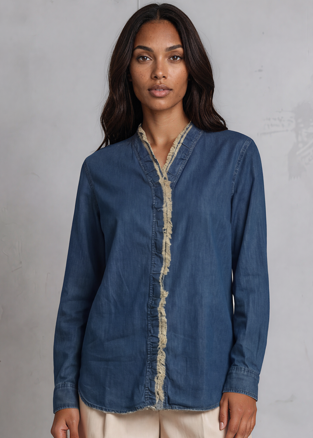 Jaded Gypsy Cutting Edge Button Down Lace Detail Cotton Denim Top With Raw Edge Detail | Made In USA | Made in America Women's Boutique
