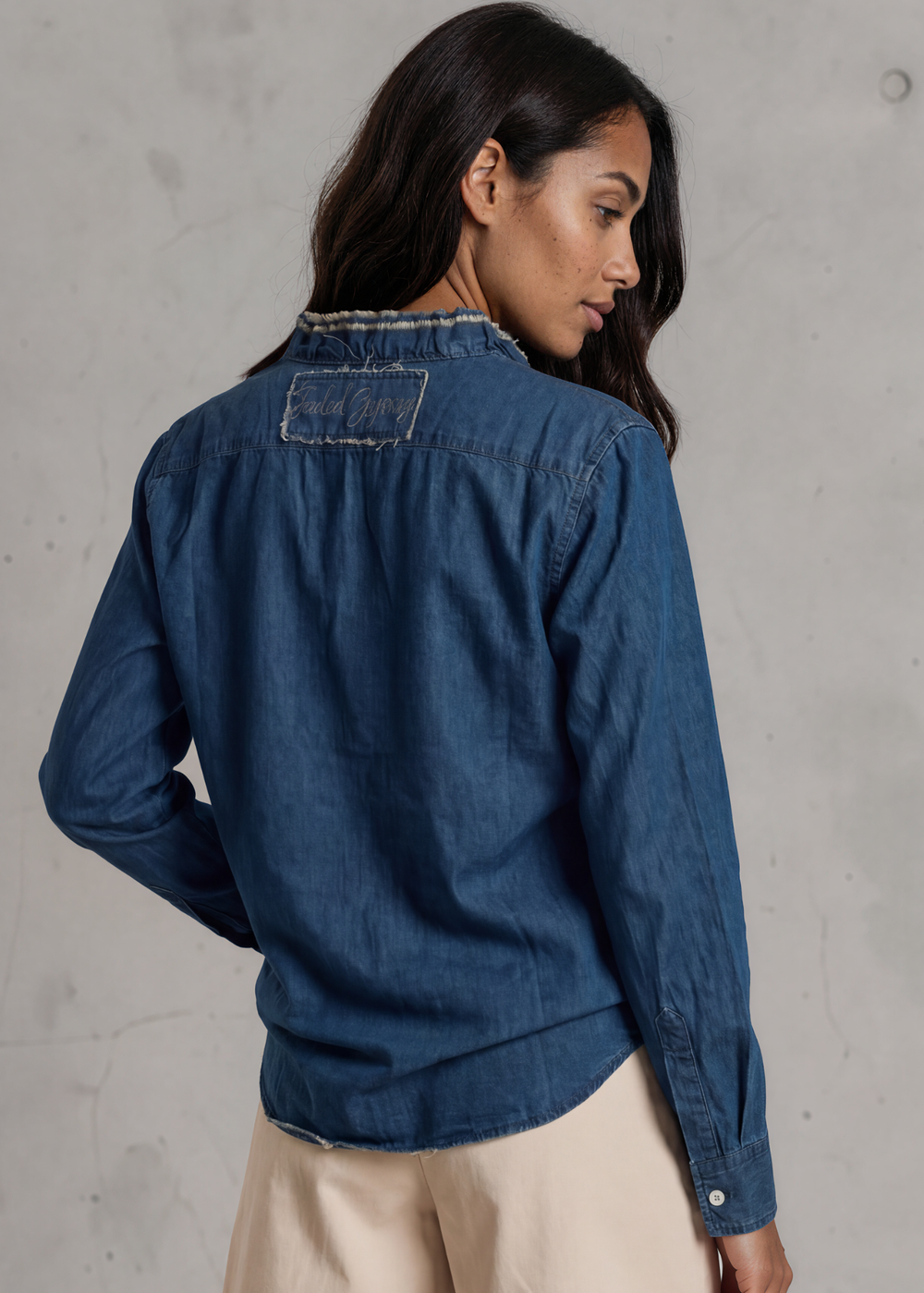 Jaded Gypsy Cutting Edge Button Down Lace Detail Cotton Denim Top With Raw Edge Detail | Made In USA | Made in America Women's Boutique