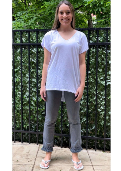 USA Made Women's V-Neck High Low Hem Oversized Lightweight Comfortable Fabric Tee in White | Classy Cozy Cool Women's Made in America Clothing Boutique