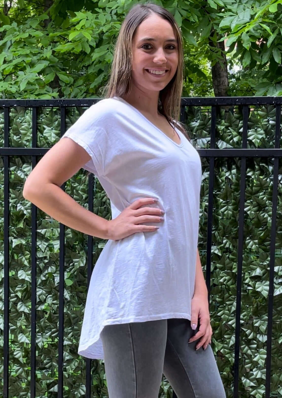 USA Made Women's V-Neck High Low Hem Oversized Lightweight Comfortable Fabric Tee in White | Classy Cozy Cool Women's Made in America Clothing Boutique