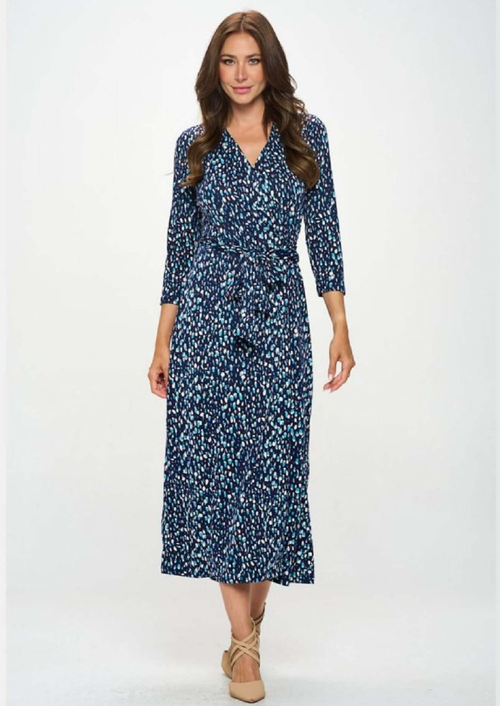 Women's Printed Wrap Style Brushed Knit Maxi Dress with 3/4 Sleeves in Navy, Light Blue & White | Renee C. Style L4329DRB | Made in USA | Classy Cozy Cool Made in America Clothing Boutique