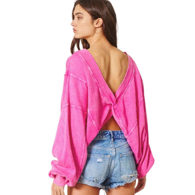 Brand: Bucket List Style# IT1365 | Oversized Ladies Fuchsia Reversible Twist Sweatshirt with Pockets | Made in USA | Classy Cozy Cool Women's American Boutique