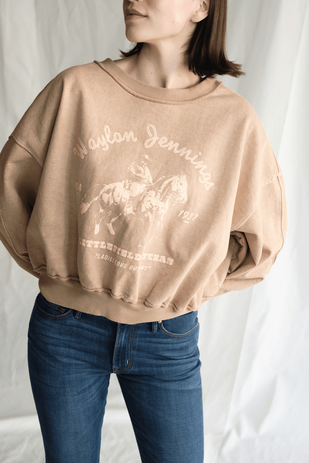 Waylon Jennings Hometown Sweatshirt by People of Leisure — 100% cotton, cropped hem, vintage feel in Camel. Made in LA. Sizes XS–XL
