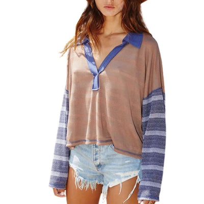 Bucket List Oversized Color Block Contrast Detail Spread Collar V-neck Semi-Cropped Top Style# P5170 | Made in USA | American Made Clothing for Women