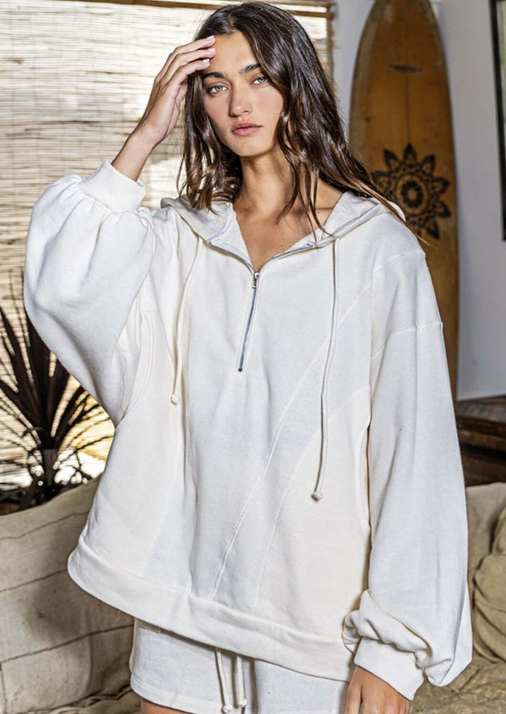 Bucket List Clothing Style# T1173 | Ladies Cotton French Terry Half Zip Oversized Pullover Hoodie Large Pockets in Cream | Made in USA | Classy Cozy Cool Women's Made in America Boutique