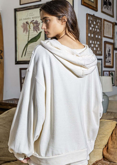 Bucket List Clothing Style# T1173 | Ladies Cotton French Terry Half Zip Oversized Pullover Hoodie Large Pockets in Cream | Made in USA | Classy Cozy Cool Women's Made in America Boutique