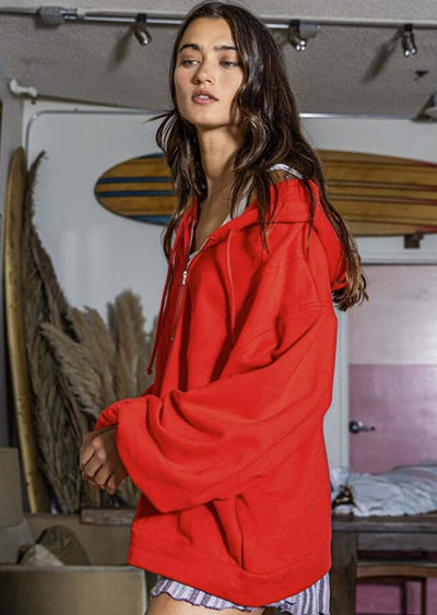 Bucket List Clothing Style# T1173 | Ladies Cotton French Terry Half Zip Oversized Pullover Hoodie Large Pockets in Red | Made in USA
