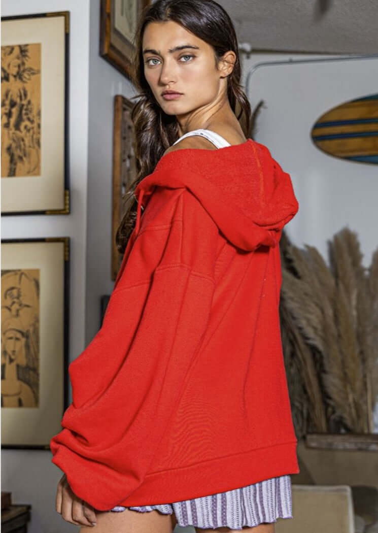 Bucket List Clothing Style# T1173 | Ladies Cotton French Terry Half Zip Oversized Pullover Hoodie Large Pockets in Red | Made in USA