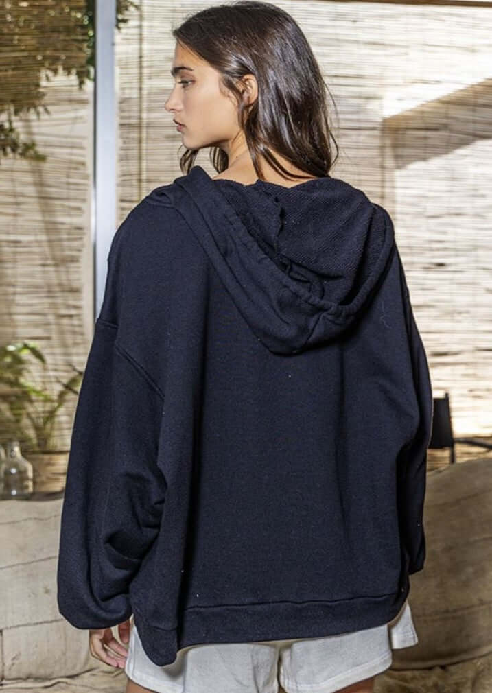 Bucket List Clothing Style# T1173 | Ladies Cotton French Terry Half Zip Oversized Pullover Hoodie Large Pockets in Black | Made in USA | Classy Cozy Cool Women's Made in America Boutique