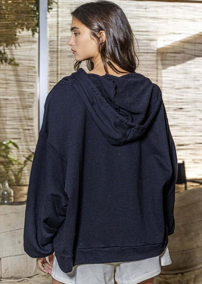 Bucket List Clothing Style# T1173 | Ladies Cotton French Terry Half Zip Oversized Pullover Hoodie Large Pockets in Black | Made in USA | Classy Cozy Cool Women's Made in America Boutique