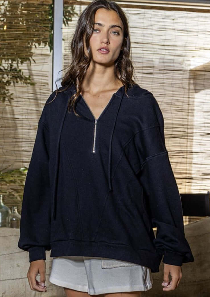 Bucket List Clothing Style# T1173 | Ladies Cotton French Terry Half Zip Oversized Pullover Hoodie Large Pockets in Black | Made in USA | Classy Cozy Cool Women's Made in America Boutique