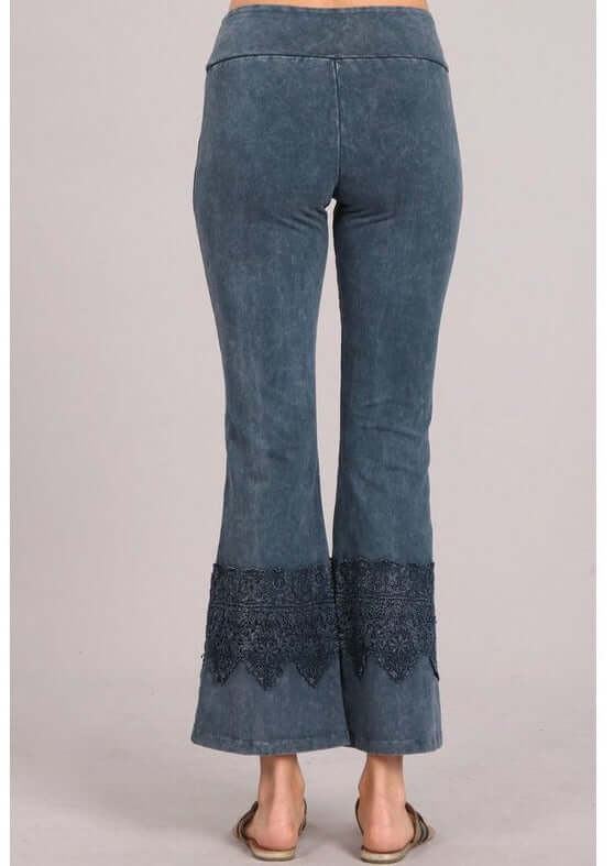 Chatoyant Style# C30612 Ladies Mineral Washed Navy Cropped Flare Pants with Crochet Detail on Calf Made in USA Made Cotton Fabric | Made in America | Classy Cozy Cool Ladies Made in USA Boutique