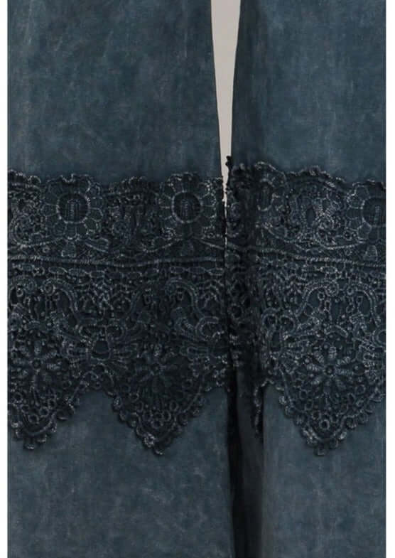 Chatoyant Style# C30612 Ladies Mineral Washed Navy Cropped Flare Pants with Crochet Detail on Calf Made in USA Made Cotton Fabric | Made in America | Classy Cozy Cool Ladies Made in USA Boutique