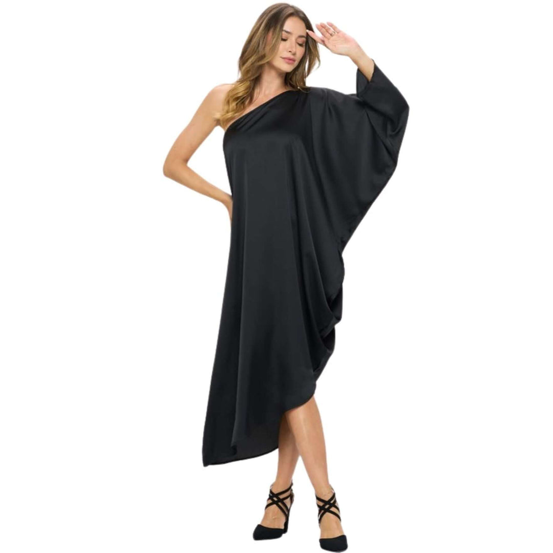 One Shoulder Black Satin Material Asymmetrical Hemline Elegant Evening Cocktail Dress | Made in USA | Renee C Style 4622DR | Classy Cozy Cool Women's Made in America Clothing Boutique