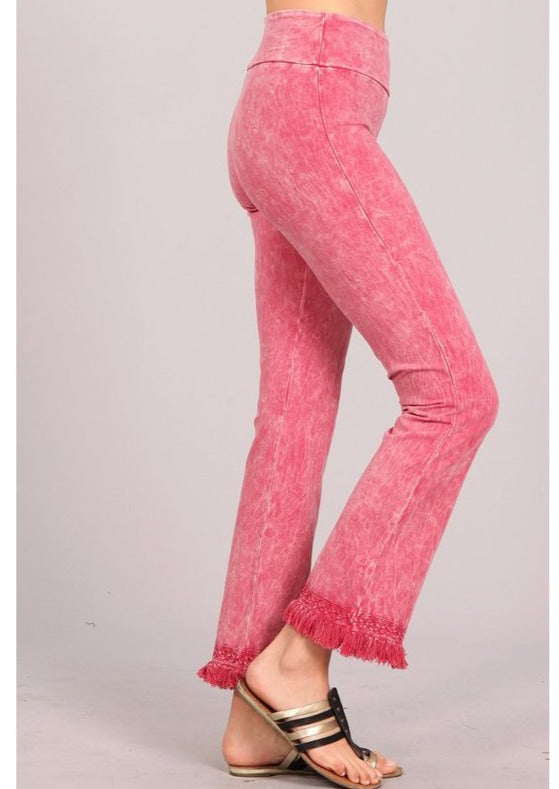 USA Made Ladies Mineral Washed Cropped Straight Leg Pants with Crochet Fringed Hem in Coral Pink Denim | Chatoyant Style P30374 | Classy Cozy Cool Women's Made in America Clothing Boutique 