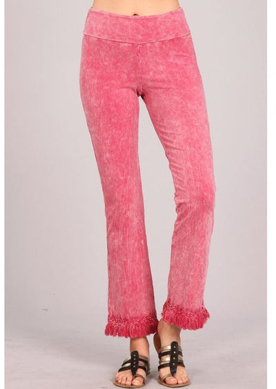 USA Made Ladies Mineral Washed Cropped Straight Leg Pants with Crochet Fringed Hem in Coral Pink Denim | Chatoyant Style P30374 | Classy Cozy Cool Women's Made in America Clothing Boutique 