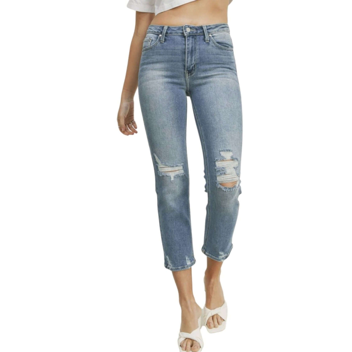 Women's Cropped Distressed 5 Pocket Denim Jeans Made in USA | Just Black Denim Style BP279J | Classy Cozy Cool Women's Made in America Clothing Boutique