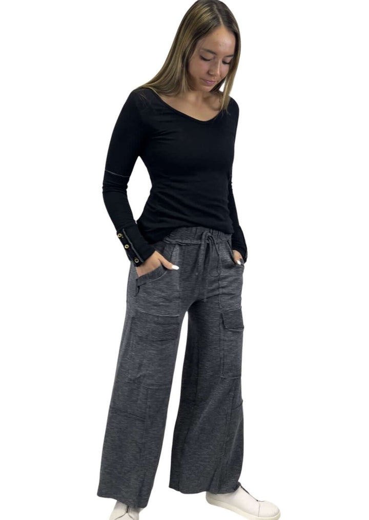 USA Made Ladies Vintage Look Wide Leg Cropped Ribbed Casual Pants With 6 Pockets in Charcoal Grey | Classy Cozy Cool Women's Made in America Clothing Boutique