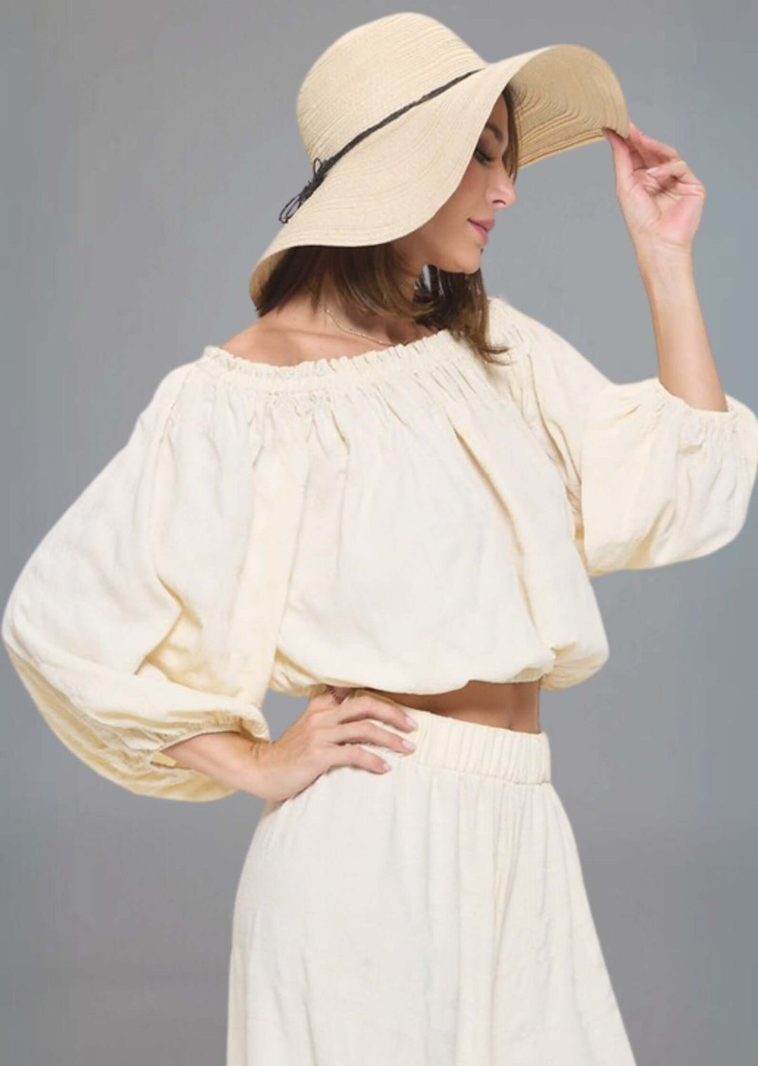 Made in USA Textured Balloon Sleeve Cropped Off the Shoulder Top in Cream with Elastic at Shoulders, Hem & Cuffs | Renee C Style 4788TP