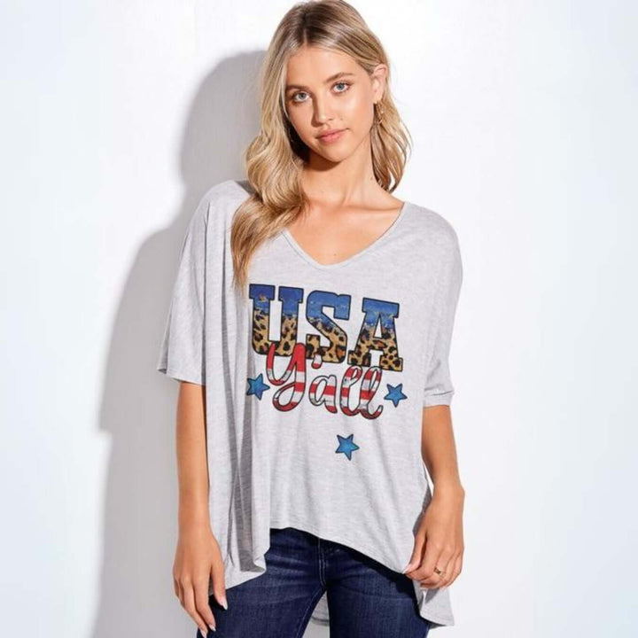 Women's USA Y'all Patriotic Graphic Loose Fit V-Neck T-Shirt with Leopard Print with Red, White and Blue Stars and Stripes  | Made in USA | Classy Cozy Cool Made in America Boutique