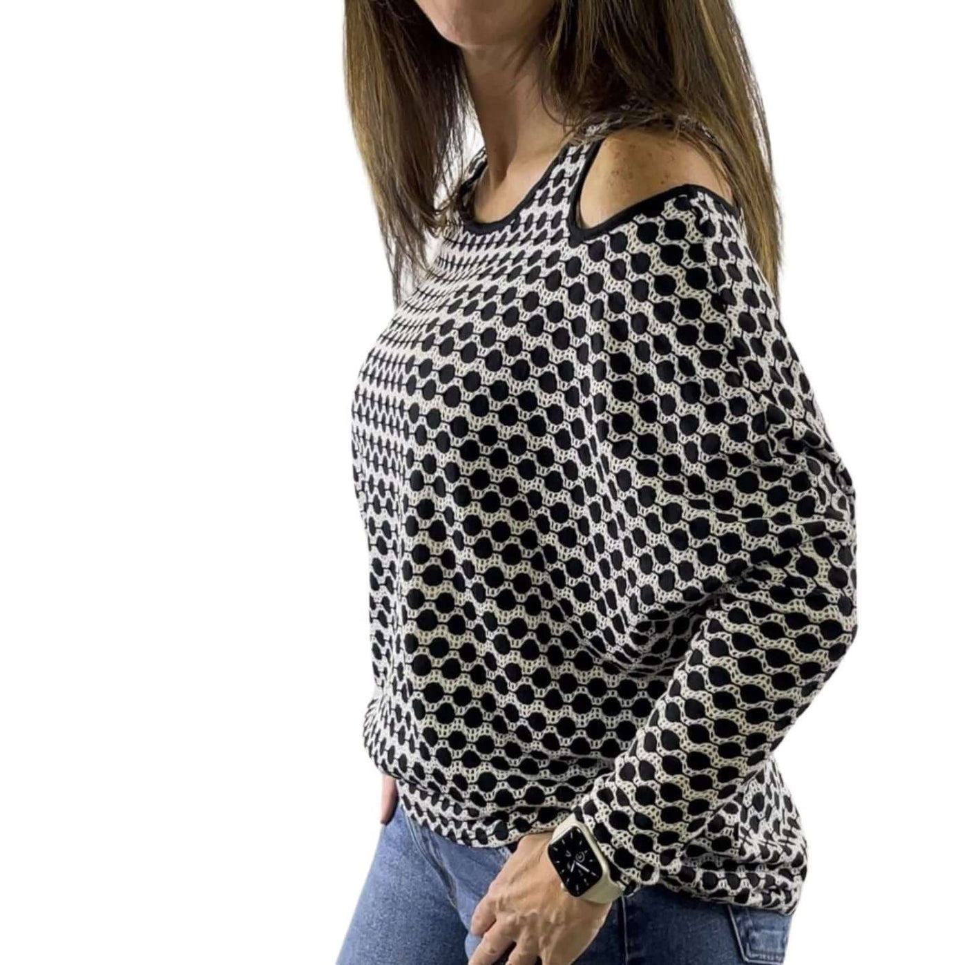 USA Made Ladies' Stylish Cold Shoulder Black & White Dolman Loosely Woven Dolman Top | Classy Cozy Cool Women's Made in America Clothing Boutique