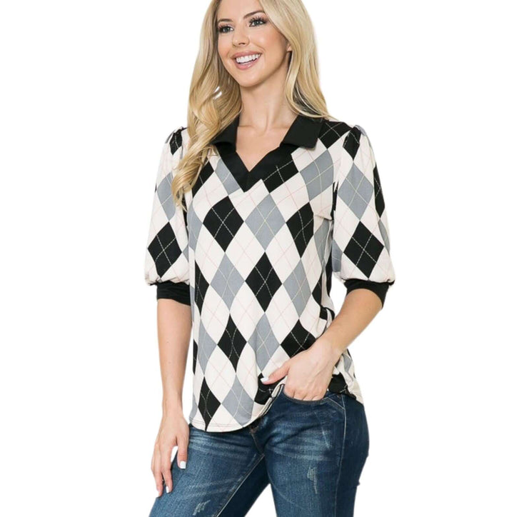 Orange Farm Clothing's Ladies Argyle Print Soft Knit Jersey Top with Short Puff Sleeves in Off White, Grey and Black | Made in USA | Classy Cozy Cool