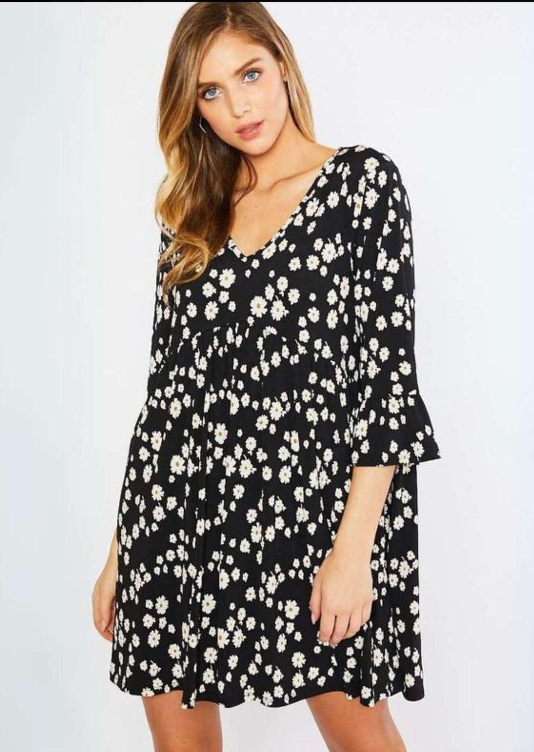 Women's Jersey Stretch Black Daisy Print V-Neck Baby Doll Cut Mini Dress | Made in USA | Classy Cozy Cool Women's Made in America Boutique