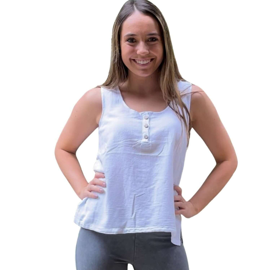 USA Made 100% Cotton Button Detail Sleeveless Top in White Made by Sea Breeze of California | Classy Cozy Cool Made in America Women's Clothing Boutique