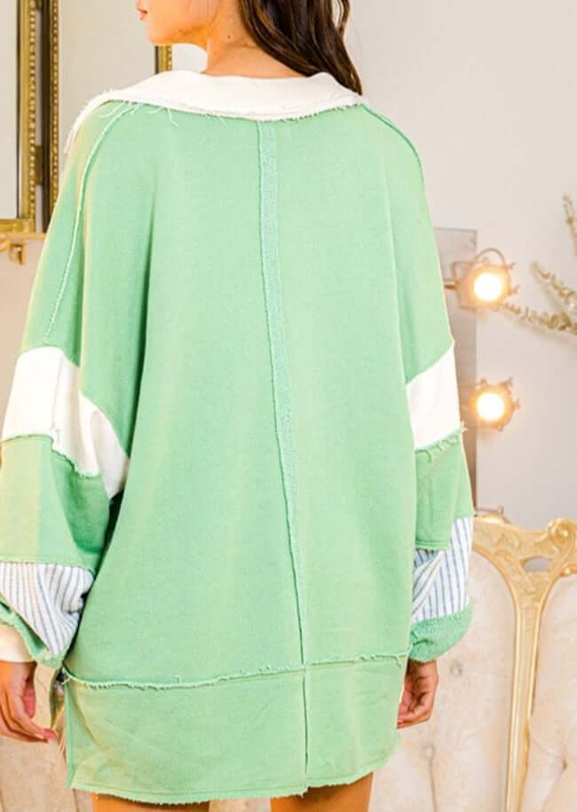 Brand: Bucket List Clothing Style# T2004 | Oversized Ladies French Terry 100% Cotton Color Block Sweatshirt with Collar in Lime Green & Off White | Made in USA