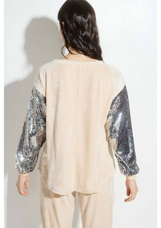 USA Made Women's Champagne Velvet Track Suit with Sequins Sleeves | Perfect Casual Glam Outfit | Classy Cozy Cool Women's Made in USA Boutique